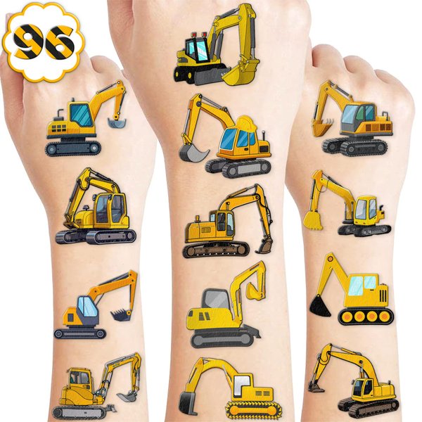 100 PCS Excavator Temporary Tattoos Themed Birthday Party Decorations Decor Supplies Favors Construction Vehicle Truck Tattoo Stickers Gifts For Game Boys Girls Classroom School Prizes Carnival Reward