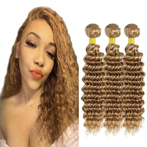 Honey Blonde Bundles Human Hair #27 Deep Wave Bundles 10 12 14 Inch Brazilian Virgin Remy Hair Extensions Weave Blonde Wet and Wavy Bundles Double Weft Color 27 Human Hair Bundles