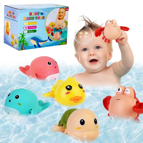 FICCURYS Baby Bath Toys 5 Pcs Set,Wind Up Bath Toys for Toddlers,Bathtub Toys for Kids,Dolphins,Crabs,Turtles,Ducks Floating Water Toys,Swimming Pools Bath Toys for Boys Girls