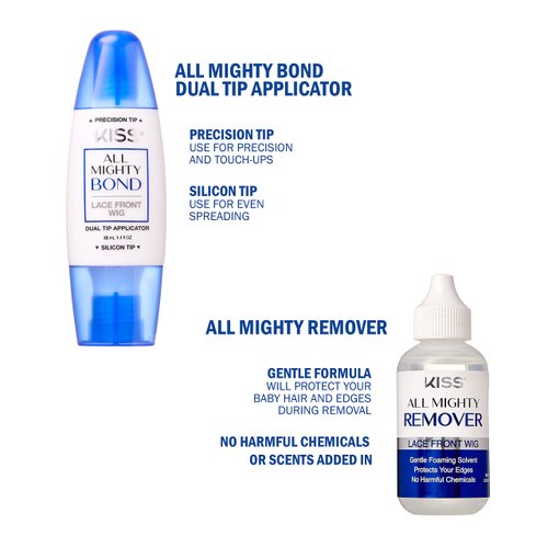 All Mighty Bond KISS Lace Front Wig Glue & Remover Set, Dual Tip Applicator, Instant Drying, Water Resistant, Strong Hold for Wigs, Frontals, Toupees, Safe for Sensitive Skin, Lace Front Wig Remover