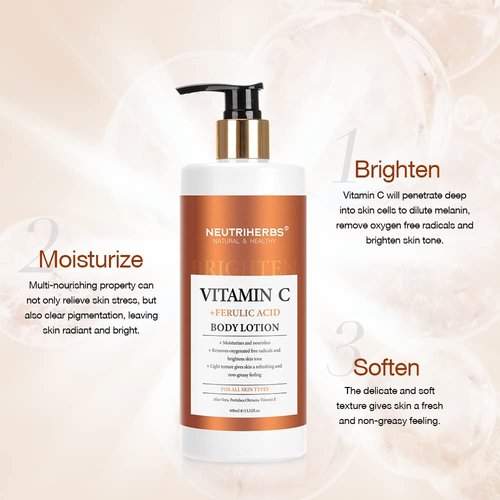 Neutriherbs Body Lotion for Women Dry Skin with Vitamin C + Ferulic Acid Natural Body Lotion Moisturizes and Nourishes for All Skin Types 13.52 Fl Oz Pump Bottle