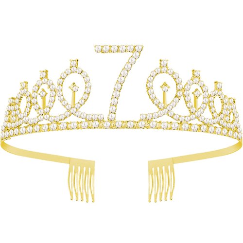 UVATAHONA 7th Birthday Party Set - Glitter Sash, Tiara Crown, and Decorations for Girls, Gold