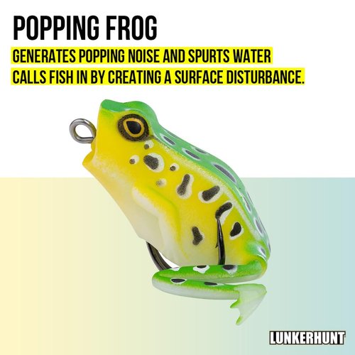 Lunkerhunt Frog Fishing Lure for Bass Fishing | Popping Frog 0.5 oz | Topwater Fishing Bait with Weedless Hooks, Hollow Body (Leopard)