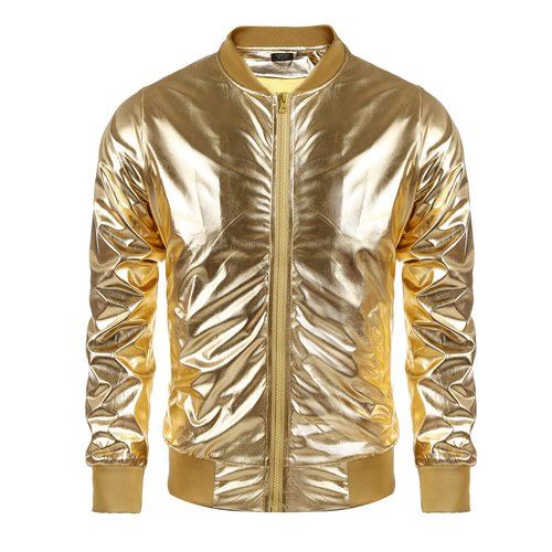 Coofandy Men's Metallic Nightclub Styles Zip Up Varsity Baseball Bomber Jacket,Golden,Medium