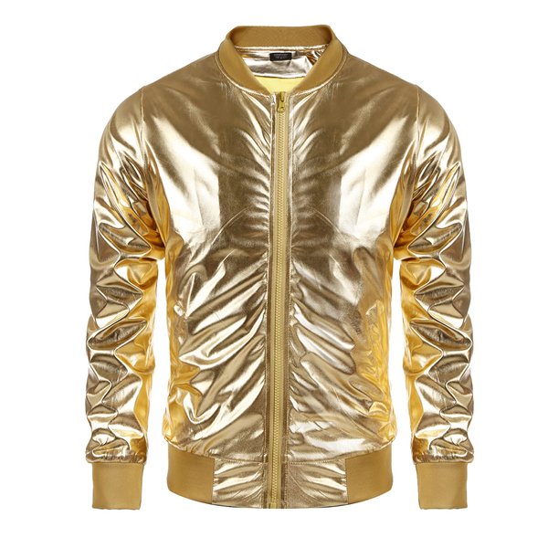 Coofandy Men's Metallic Nightclub Styles Zip Up Varsity Baseball Bomber Jacket,Golden,Medium