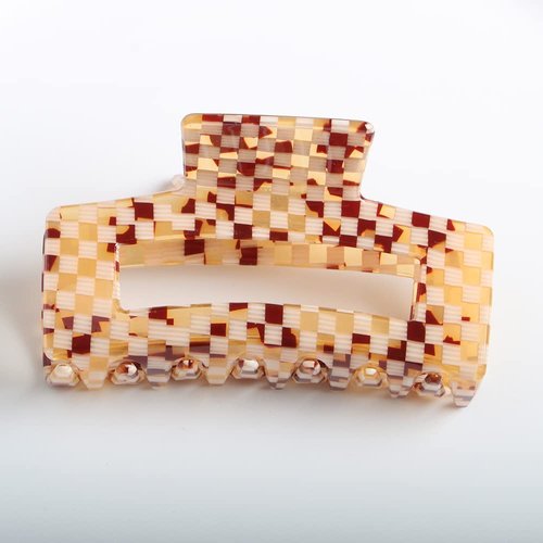 Checkered Hair Claw Clips,Pack of 1,Vintage Checkered Claw Clips Cellulose Acetate Banana Clips,Nonslip Banana Hair Clamp for Women Girls (Amber,L)