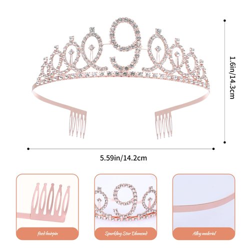 9th Birthday Sash and Tiara Set Rose Gold Birthday Sash Crown Birthday Party Favors Supplies for Girls Birthday Party