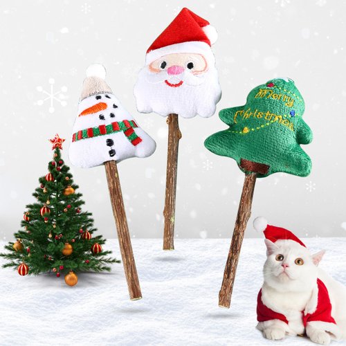 ZALBYUY Christmas Catnip Toys Cat Chew Toy, 3Pcs Silvervine Sticks for Cats, Soft Plush Teething Chew Toy, Kitten Catnip Toys for Cats Exercise, with Gift Box