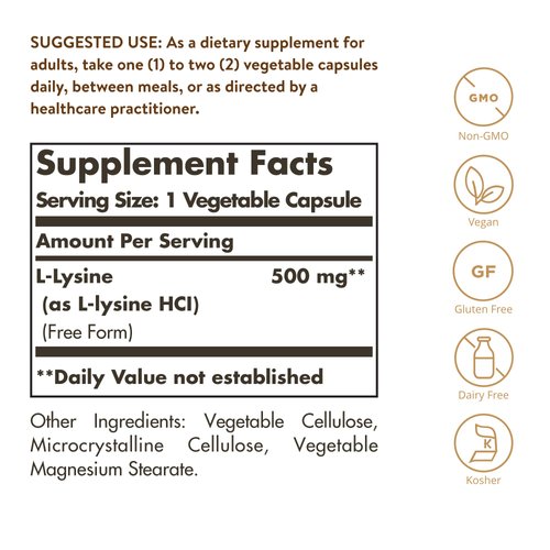 Solgar L-Lysine 500 mg, 250 Vegetable Capsules - Enhanced Absorption & Assimilation - Promotes Integrity of Skin & Lips - Collagen Support - Amino Acids - Non-GMO, Vegan, Gluten Free - 250 Servings
