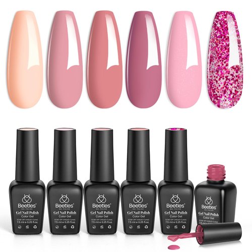 Beetles Gel Nail Polish Set 6 Colors Pink Confetti Collection Classic Nude Pink Glitter Pastel Gel Nail Polish Set Soak Off Uv Led Gel Polish Nail Art Varnish Manicure Kit Gift