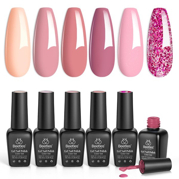 Beetles Gel Nail Polish Set 6 Colors Pink Confetti Collection Classic Nude Pink Glitter Pastel Gel Nail Polish Set Soak Off Uv Led Gel Polish Nail Art Varnish Manicure Kit Gift