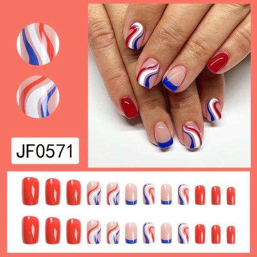 4th of July Press on Nails Short Square Fake Nails Colorful Strips Glue on Nails Independence Day Nail Art Decorations Glossy Full Cover Stick on Nails Short Square Artificial Nails for Women 24pcs