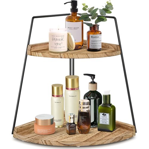 PICKKROSS 2 Tier Bathroom Counter Organizer, Wood Bathroom Organizer Countertop, Corner Storage Shelf Counter Standing Rack,Bathroom Storage Decor