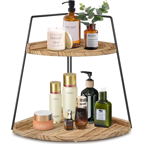 PICKKROSS 2 Tier Bathroom Counter Organizer, Wood Bathroom Organizer Countertop, Corner Storage Shelf Counter Standing Rack,Bathroom Storage Decor