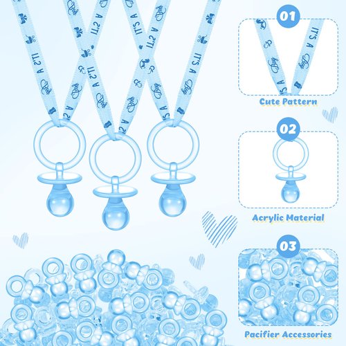 74 Pieces Baby Shower Pacifiers 24 Necklace Acrylic Baby Pacifiers Party Favors 50 Mini Plastic Pacifiers Charm Bulk for Baby Shower Party Decorations Games Table Scatter(Blue)