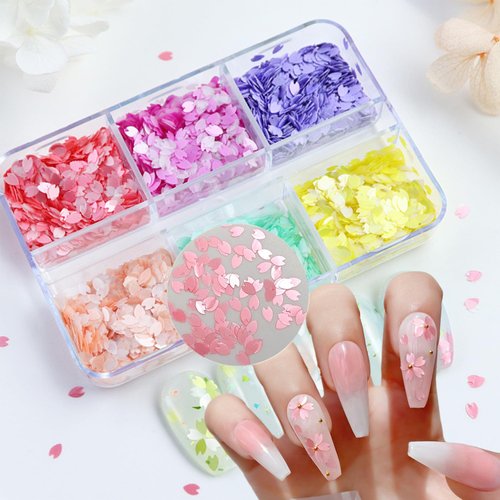 Tyuimhx 6 Colors Cherry Blossoms Nail Art Glitter Sequins 3D Flowers Nail Decorations Holographic Sakura Petal Nail Glitter Flakes Designs Nail Supplies for Women Girls Nail Crafts Accessories