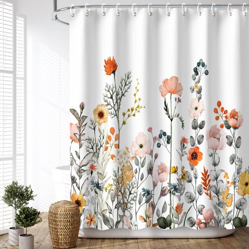 LIVILAN Floral Shower Curtains for Bathroom Flower Shower Curtain Pretty Shower Curtains Fabric Colorful Wildflower Flowered Shower Curtain with 12 Hooks Decorative Machine Washable, 60" W x 72" H
