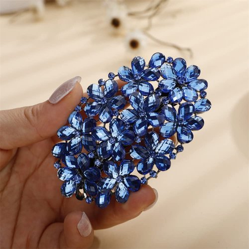 Aimimier Flower Crystal Hair Clips Shiny Rhinestone Hair Spring Clamp Gem Hair Pins Bridal Hairpiece Wedding Hair Accessories for Women (Blue)