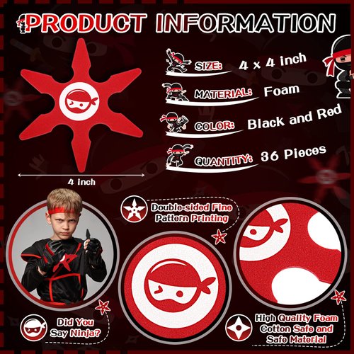CHENGU 36 Pcs Ninja Foam Star Toys Small Throwing Foam Stars Ninja Party Favors Foam Throwing Toys for Teens Party Activities Halloween Cosplay Supplies, 4 Inch, 2 Colors