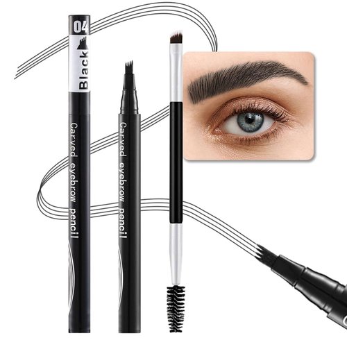 Kaely Black Microblading Eyebrow Pen Waterproof,Magic Eyebrow Pencil with Brow Brush,4 Tip Precise Eye Brow Pencils for Women Makeup,lapiz de cejas a prueba de agua,Sponge Head 04