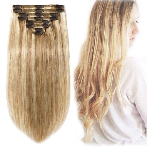 8A Highlight Clip in Hair Extensions Human Hair Double Weft 10 Inch 110g Thick Soft Straight Real Remy Hair 8pcs Clip on Golden Brown & Bleach Blonde #12-613