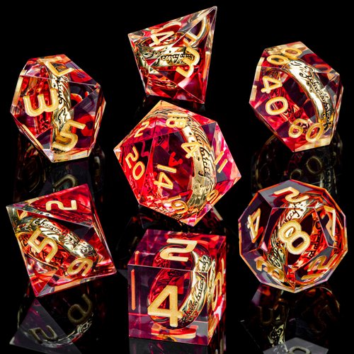 ORIFANTOU Magic Lord of The Rings DND Dice Set Sharp Edge Red Resin Dice with Box, Golden Ring Inclusion D&D Dice RPG Role Playing Games, Dungeons and Dragons D and D Polyhedral Dice Set