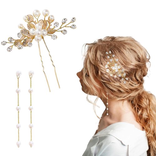 Bridal Wedding Hair Pins Crystal Pearl Hair Clip Rhinestone Hair Crystal Pearl French Hairpins Hair Wedding Hair Accessories(gold)