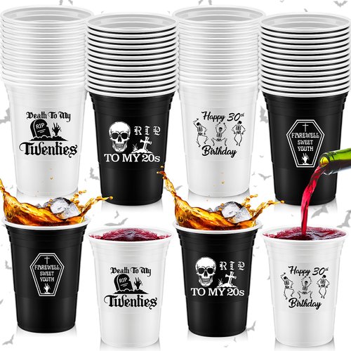 Rtteri 48 Pack Death to My 20s Disposable Party Thick Plastic Cups, 16 oz RIP to My 20s Birthday Decorations 30th Birthday Cups RIP Twenties Birthday Cups for 30th Birthday (White, Black,Skull)