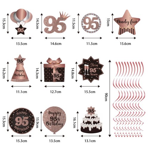 Happy 95th Birthday Party Hanging Swirls Streams Ceiling Decorations, Celebration 95 Foil Hanging Swirls with Cutouts for 95 Years Old Rose Gold Birthday Party Decorations Supplies