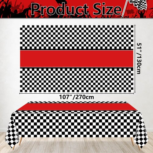 PIXHOTUL 4 Pcs Racing Car Tablecloths, Race Car Birthday Party Decorations Black Checkered Plastic Table Cover Table Runner for Kid Boy Birthday Race Car Theme Party (4, Red, 51'' x 108'')