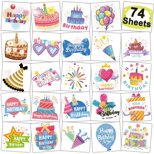 CHARLENT Glitter Happy Birthday Tattoo Stickets for Kids - 74 Individually Sheets Temporary Tattoos Birthday Gifts for Boys Girls