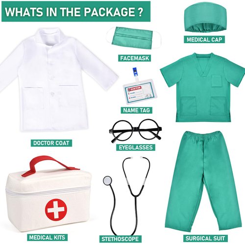 Toylink Kids Doctor Costume Pretend Play Kit with Lab Coat Carrying Bag Accessories Halloween Doctor Dress up for Boys Girls