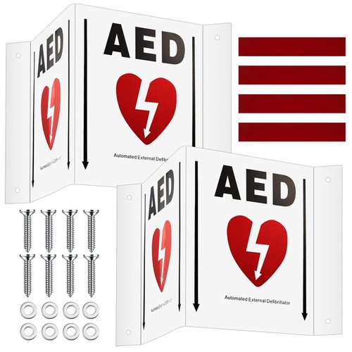 Kigley 2 Set AED Projection Sign 3D AED Defibrillator Sign with Graphic Portable AED Cabinet Sign 5'' x 6'' Aluminum Panel with Pre Drilled Mounting Holes and Double Sided Tapes, Screws, Washers
