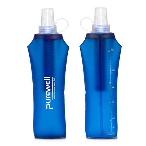 Purewell Water Filter Container BPA Free Outdoor Filtered Water Bag,Collapsible Squeeze Filtered Water Bottle for Sport Camping and Hiking(2PCS Blue)