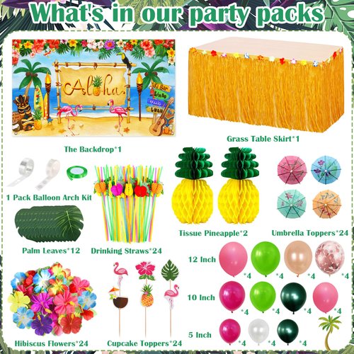 Hawaiian Luau Party Decoration Pack (159 Pcs), Tropical Beach Themed Aloha Summer Party Supplies Kit, (including Table Skirt, Backdrop, Balloons, Straws, Hibiscus Palm Leaves, Food Topper, Pineapples)