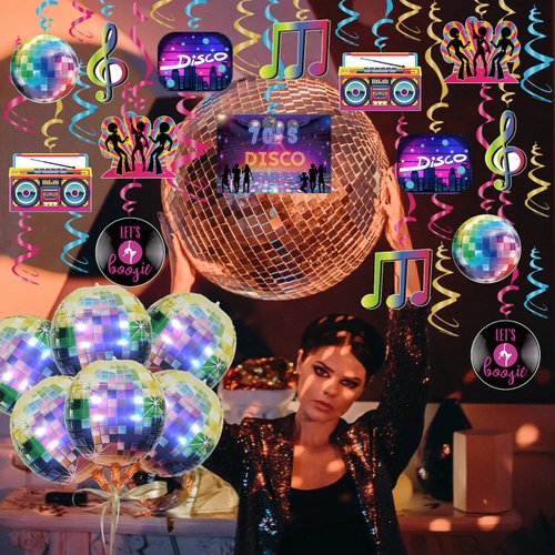 70s Disco Party Decorations Multicolor Disco Ball Balloons 70's Theme Hanging Swirls Ceiling Decor Hippie Retro Disco Fever 1970's Boogie Dance Music Birthday Party Favors Supplies Backdrop 36 pcs