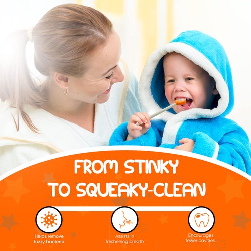 Kids Tongue Scraper or Cleaner Set – BPA-Free Plastic Dental Scrapers Helps Freshen Bad Breath, Remove Gunk – Multicolored with Easy-to-Grasp Handles and Brush Covers by 55Dental, Ages 2+ (Blue)