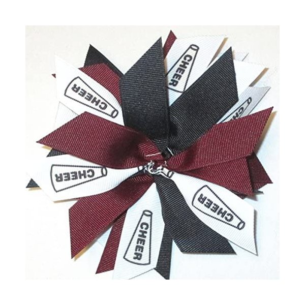 Cheer Pom Hair Bow, Made in the USA, White Pony Band, many colors (Maroon/Black)