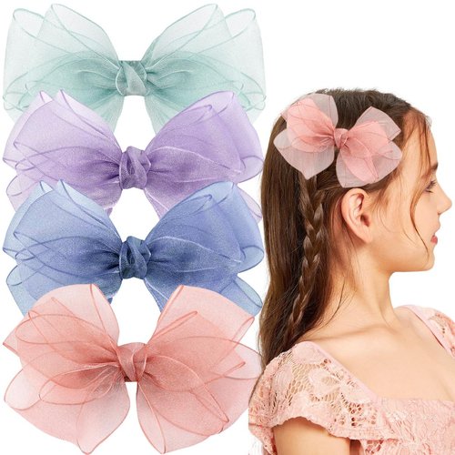 4 PCS Organza Double Hair Bows Alligator Clips Organza Bow Hairpin Mesh Bowknot Hairpins Anti-Slip Alligator Clip Bridal HairClip hairslide with Knot Wrap Center on Hair Accessories for Girls Kids