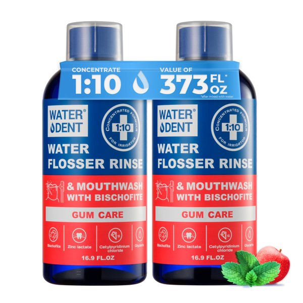 WATER DENT Concentrated Irrigant, Gum Care | Add to Waterpik Water Flossers | Fruit Flavor | Pack of 2 = 373 fl.oz | Alcohol Free, Fluoride Free. Made in USA