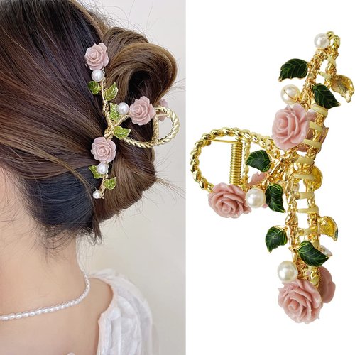 XIELIME Hair Clip, Pearl Flower No Slip Claw Clip Hair Clamp Grips for Women Girls Thin Hair and Thick Hair, Pink Rose Hair Clips Barrettes, One Size Fits All Alloy, Reusable