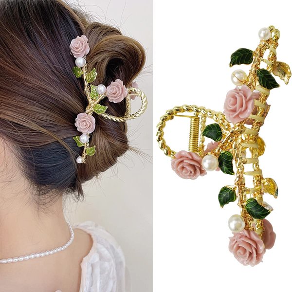 XIELIME Hair Clip, Pearl Flower No Slip Claw Clip Hair Clamp Grips for Women Girls Thin Hair and Thick Hair, Pink Rose Hair Clips Barrettes, One Size Fits All Alloy, Reusable