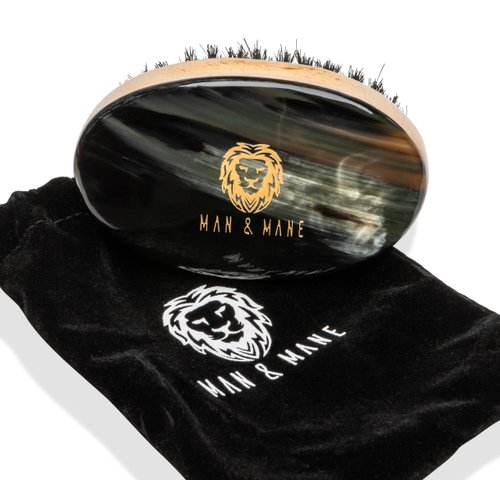 Man & Mane Premium Handmade Oxhorn & Beechwood Military Style Medium Stiff Natural Boar Bristle Men’s Hair Brush for Facial Hair & Beard Care