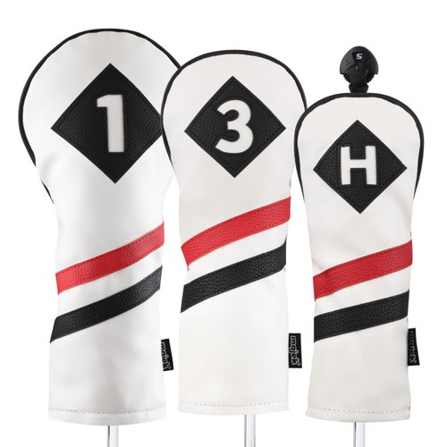 Majek Retro Golf Headcovers White Red and Black Vintage Leather Style 1 3 H Driver Fairway Wood and Hybrid Head Cover Classic Look