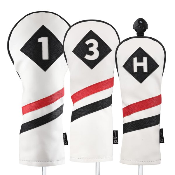 Majek Retro Golf Headcovers White Red and Black Vintage Leather Style 1 3 H Driver Fairway Wood and Hybrid Head Cover Classic Look