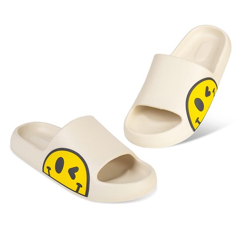 Uonesone Womens Slides,Pillow Slippers Sandals for Men,Unisex Non slip Quick Dry Shower Shoes Indoor Outdoor Open Toe Spa Bath Pool Gym House Casual Massage Smile Face Slippers(White 40/41)