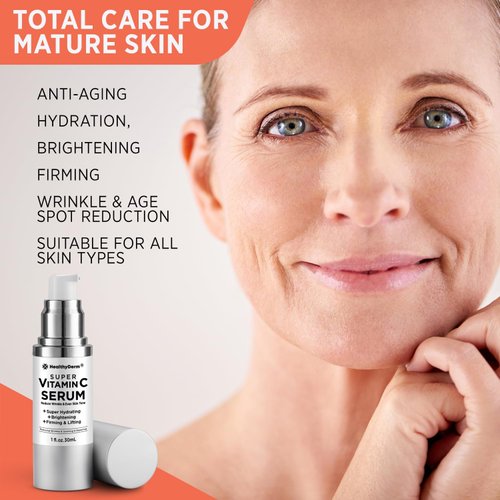 Super Vitamin C Serum for Mature Skin: Vitamin C, Hyaluronic Acid, Vitamin E, Caffeine, Hydrating, Lifting, Face Wrinkle & Age Spots Reduction