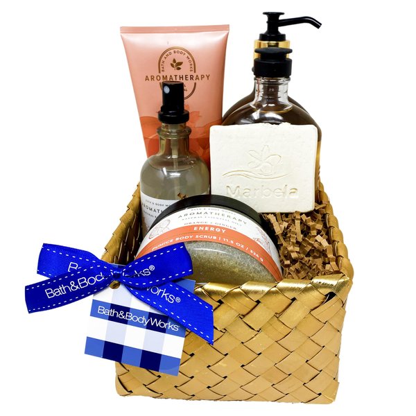 Bath & Body Works Aromatherapy Energy Orange & Ginger - Gold Woven Basket Gift Set - Body Lotion, Body Wash, Body Cream, Essential Oil Pillow Mist and Body Scrub With a Natural Oats Sample Soap.