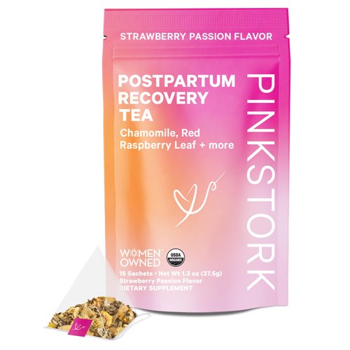 Pink Stork Postpartum Recovery Herbal Tea, Organic Red Raspberry Leaf with Chamomile, Hormone Balance for Women after Labor and Delivery, Strawberry Passion, Caffeine-Free, 15 Sachets