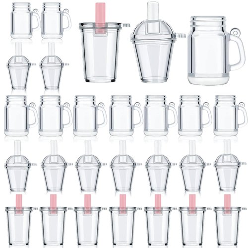 30 Pieces Mini Coffee Cup Keychain Dollhouse Mini Coffee Cups for Crafts Miniature Transparent Cup with Lids Jewelry Making Ice Cream Dollhouse Mini Cups for Doll Dollhouse Simulation Crafts DIY